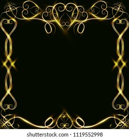 Vector golden frame with hearts effects of light. Preparation for postcard Christmas wedding Shining rectangle. on a black background. Vector illustration, EPS 10.