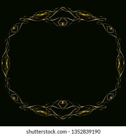 Vector golden frame with hearts effects of light. Preparation for postcard Christmas wedding Shining rectangle. on a black background. Vector illustration, EPS 10.round gold frame with stars of energy