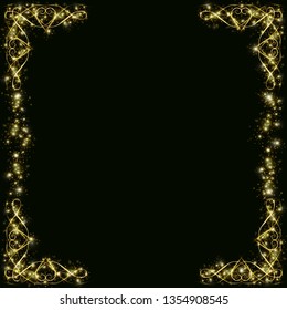 Vector golden frame with hearts effects of light. Preparation for postcard Christmas wedding Shining rectangle. on a black background EPS 10