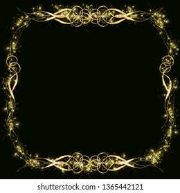 Vector golden frame with hearts effects of light. Preparation for postcard Christmas wedding Shining rectangle. on a black background EPS 10