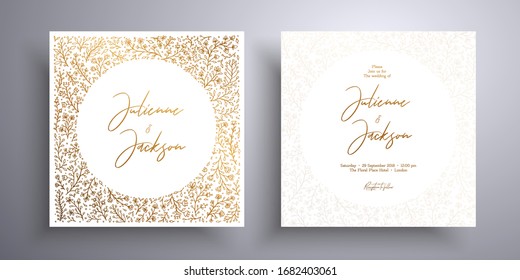 Vector golden frame of leaves and blooming plants. Botanical cards templates. Beautiful layout that can be used for design cover, wedding invitation, greeting cards, brochure and etc