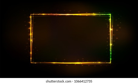 Vector golden frame with lights effects. Gold shining rectangle banner.