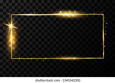 Vector golden frame with lights effects. Shining rectangle banner. Isolated on black transparent background. Vector illustration, eps 10