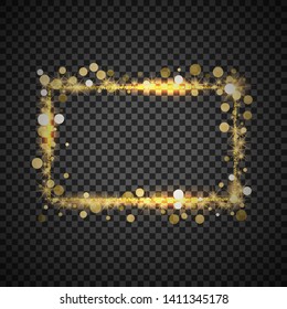Vector golden frame with lights effects. Shining rectangle banner on checkered background. Vector illustration