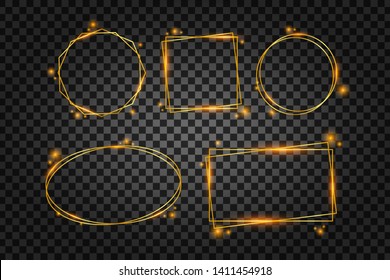 Vector golden frame with lights effects. Rectangle banner. Glowing magic frame. Vector stock illustrtaion.
