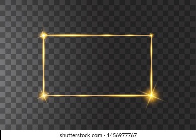 Vector golden frame with lights effects. Shining rectangle banner. Isolated on black transparent background. Vector illustration