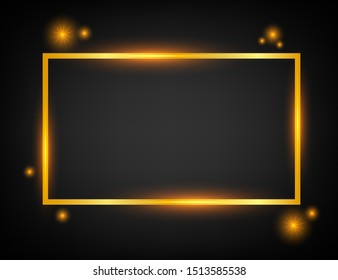 Vector golden frame with lights effects. Rectangle banner. Glowing magic frame. Vector illustration.