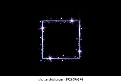 Vector golden frame with lights effects. Shining rectangle banner. Isolated on black transparent background. Vector illustration, eps 10.