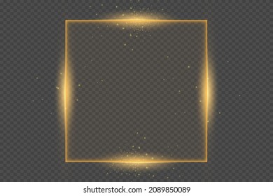 Marco dorado vectorial con efectos de luces. Pancarta de rectángulo brillante. Aislado sobre fondo negro transparente. Ilustración vectorial, eps 10.