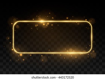 Vector golden frame with lights effects. Shining rectangle banner. Isolated on black transparent background. Vector illustration, eps 10.