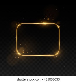 Vector golden frame with lights effects. Shining rectangle banner. Isolated on black transparent background. Vector illustration, eps 10.