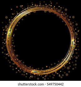Vector golden frame with lights effects. Shining circle banner. Isolated on black background. Vector illustration, eps 10. 