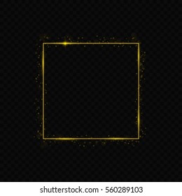 Vector golden frame with lights effects. Shining rectangle banner. Isolated on black transparent background. Vector illustration.