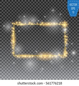 Vector golden frame with lights effects. Shining rectangle banner on checkered background. Vector illustration