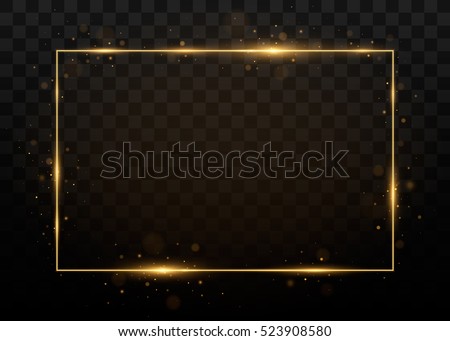 Vector golden frame with lights effects. Shining rectangle banner. Isolated on black transparent background. Vector illustration, eps 10.

