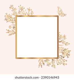 Vector golden frame with plants. Floral frame for wedding invitation, certificate.