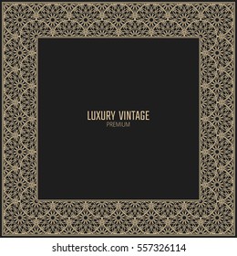 Vector golden frame with rising sun ornament. Square vintage card for design. Premium background in luxury style