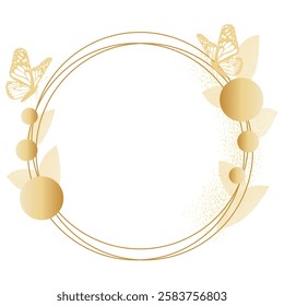 Vector Golden Frame Round, circle with golden butterflies, beads and leaves on a white background. Suitable for cards, invitations, congratulations, banner