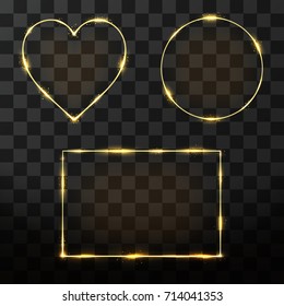 Vector golden frame set with glow effect. Neon rectangle, circle and heart frame with glitter effect