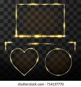 Vector golden frame set with glow effect. Neon rectangle, circle and heart frame with glitter effect. Golden elements for decoration