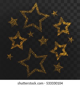 Vector golden frame. Shining stars banner. Isolated on black transparent background. Elements for banner, holiday design, logo, card, web, invitation, business, party. Vector illustration.