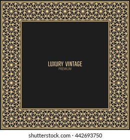 Vector golden frame. Square vintage card for design. Rising sun pattern border. Premium background in luxury style.
