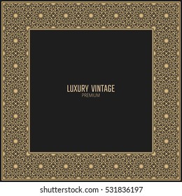 Vector golden frame. Square vintage card for design. Premium background in luxury style. Floral border