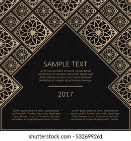 Vector golden frame. Square vintage card for design. Premium background in luxury style with space for text. Floral tiles