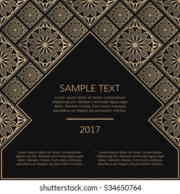 Vector golden frame. Square vintage card for design. Premium background in luxury style with space for text. Floral tiles