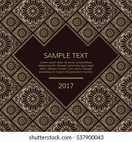 Vector golden frame. Square vintage card for design. Premium background in luxury style with space for text. Floral tiles