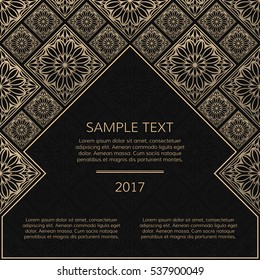 Vector golden frame. Square vintage card for design. Premium background in luxury style with space for text. Floral tiles