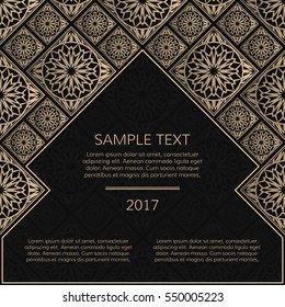 Vector golden frame. Square vintage card for design. Premium background in luxury style with space for text. Floral tiles.