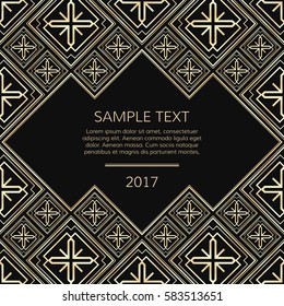 Vector golden frame. Square vintage card for design. Premium background in luxury style with space for text. Floral tiles.