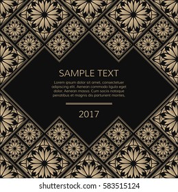 Marco de Vector dorado. Tarjeta vintage cuadrada para el diseño. Fondo de Premium en estilo lujoso con espacio para texto. Azulejos florales.