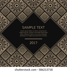 Vector golden frame. Square vintage card for design. Premium background in luxury style with space for text. Floral tiles.