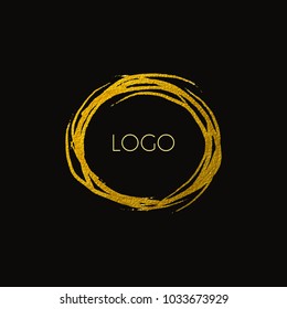 Vector golden frame for text. Round frame with hand drawn paint brush strokes. Element for design business cards, invitations, gift cards, flyers and brochures