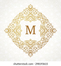Vector golden frame in Victorian style. Ornate element for design. Place for company name and slogan. Ornament floral vignette for business card, wedding invitations, certificate, logo template.