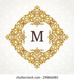 Vector golden frame in Victorian style. Ornate element for design. Place for company name and slogan. Ornament floral vignette for business card, wedding invitations, certificate, logo template.