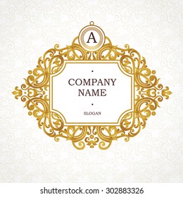 Marco dorado vectorial de estilo victoriano. Elemento ordenado para el diseño. Lugar para el nombre de la empresa. Viñeta floral ornamental para tarjeta de visita, invitaciones de boda, certificado, plantilla de logotipo, monograma.