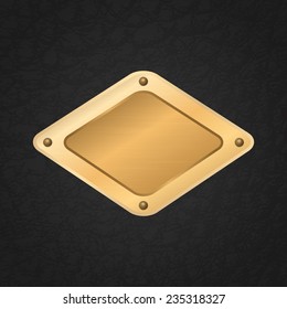Vector golden framed label on a black leather. Background. 