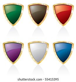 vector golden framed shields in six colors