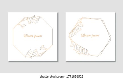 Vector golden frames with campanulas. Geometric shapes with flower design 