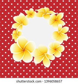 Vector golden frangipani or plumeria flower around of round frame on polka dot background postcard template. Wedding invitation or romantic compliment