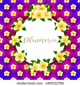 Vector golden frangipani or plumeria flower around of round frame on bright background postcard template. Wedding invitation or romantic compliment
