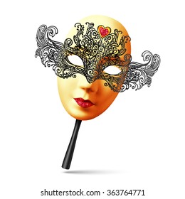 Vector golden full face ornate carnival mask with black handle
