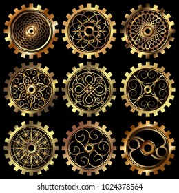 Vector golden gears set in the style of steampunk