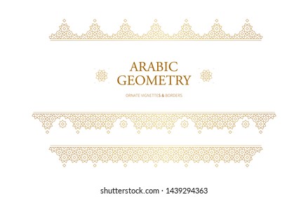 Vector golden geometric borders. Elegant gold ornament, pattern for design template. Luxury element in Eastern style. Ornate decoration for wallpaper, background, web page. Arabic motifs.
