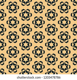 Vector golden geometric floral seamless pattern. Elegant black and gold ornamental texture with flowers, star shapes, snowflakes. Abstract old style background. Luxury repeat design for decor, print