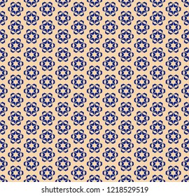 Vector golden geometric floral seamless pattern. Elegant deep blue and gold ornamental texture with small flowers, star shapes, snowflakes. Abstract festive background. Luxury repeat design for decor