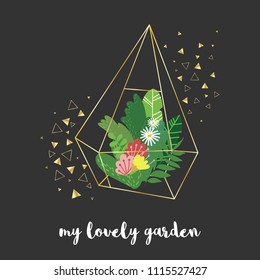 Vector golden geometric florarium vase with different plants and flowers surrounded by golden shiny triangles. My lovely garden phrase. Gardening concept. Black background